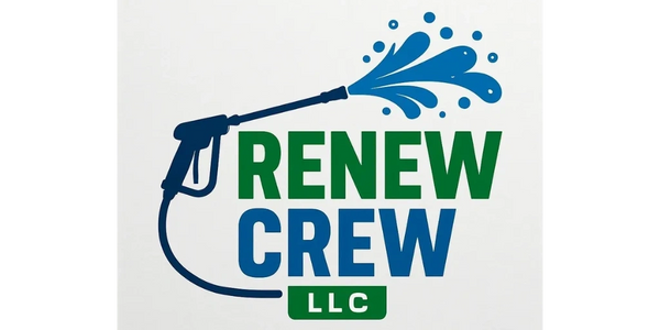 Logo of Renew Crew LLC with a water spray graphic.