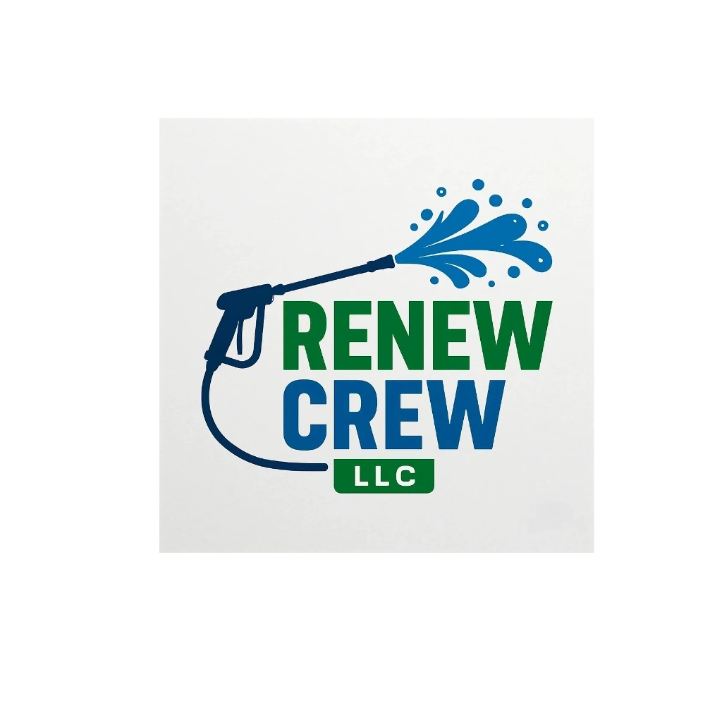 Logo for Renew Crew LLC with a pressure washer spraying water.