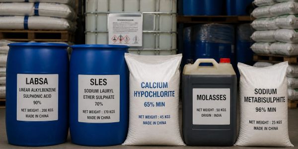 Various chemical containers labeled with LABSA, SLES, Calcium Hypochlorite, Molasses, and Sodium Metabisulphite.