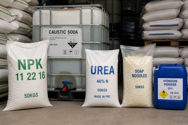 Various chemical containers including NPK, urea, soap noodles, and hydrogen peroxide in a warehouse.