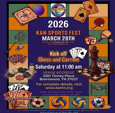 2026 KAN Sports Fest poster with chess and carrom kickoff details.