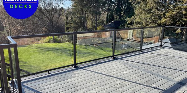 Second floor level deck with glass aluminum railings. King City Ontario