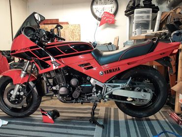 Ferrari Red custom vinyl-wrapped 1985 Yamaha FJ1100 motorcycle