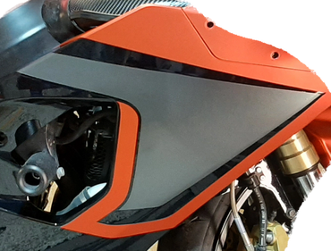 Custom red satin, black and gunmetal grey vinyl motorcycle fairing graphic