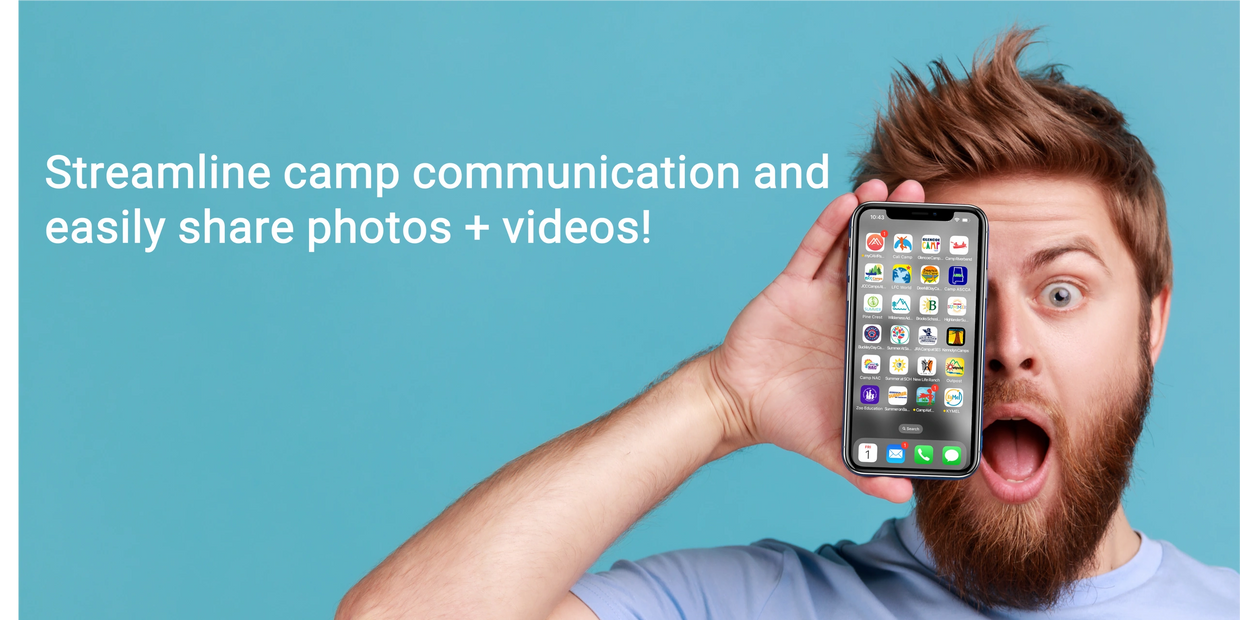 man holding iphone with many summer camp app icons from myCAMPapp