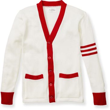 White cardigan with red trim and buttons, featuring red stripes on one sleeve.