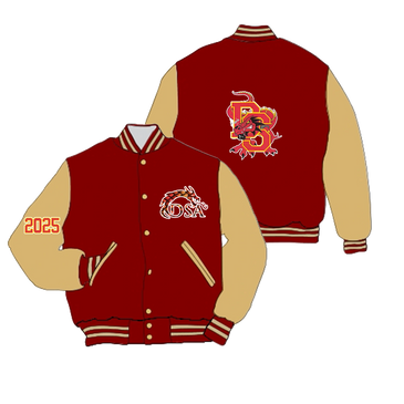 Red and beige varsity jacket with dragon logos and 2025 on sleeve.