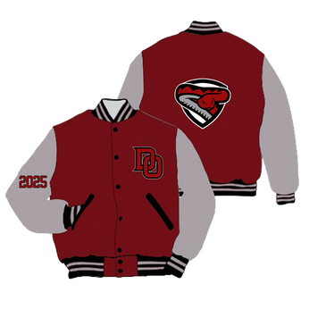 Maroon and gray varsity jacket with logo and '2025' on sleeve.