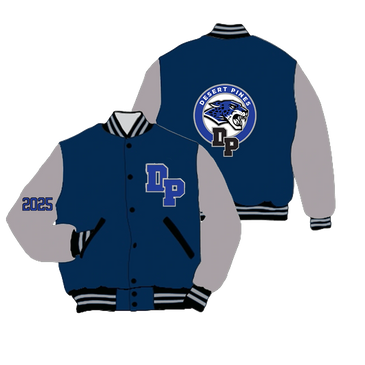 Blue and gray varsity jacket with Desert Pines logo and class of 2025.