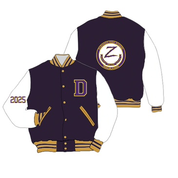 Purple and white varsity jacket with Durango High School emblem and 2025 on sleeve.