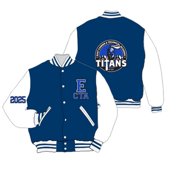 Blue and white varsity jacket with Titans logo and 2025 on sleeve.