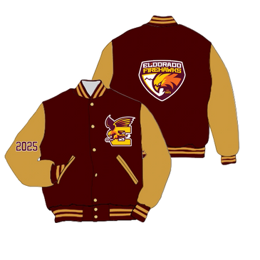 Maroon and gold Eldorado Firehawks varsity jacket with logos and class year 2025.