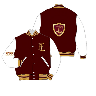 Maroon and white varsity jacket with 2025 and shield logo.