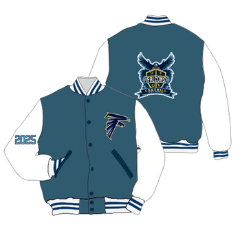 Blue and white varsity jacket with Falcons logos and 2025 on the sleeve.