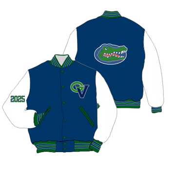 Blue and white varsity jacket with green accents and a fierce alligator logo on the back.