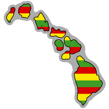 Map of Caribbean islands with Rastafarian flag colors.