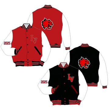 Two varsity jackets in red and black with LV logo, 2025 on sleeves, and a wildcat emblem on the back.