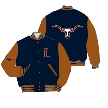 Navy and brown varsity jacket with a large 'L', '2025' on the sleeve, and a longhorn logo on the back.