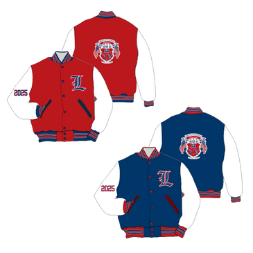 Two varsity jackets in red and blue with white sleeves and school emblems.