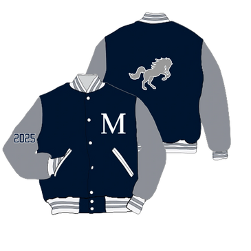 Navy and gray varsity jacket with M, 2025, and horse logo.