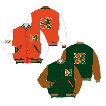 Two varsity jackets in green and orange with tiger logos and '2025' on sleeves.