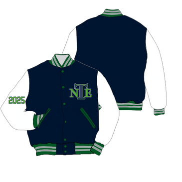 Navy blue and white varsity jacket with green accents, 'NTE' logo, and '2025' on sleeve.
