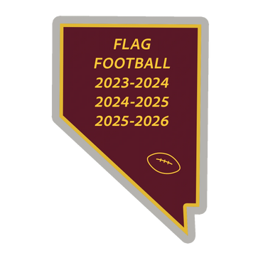 Maroon and gold flag football pennant with years 2023-2026 and a football icon.