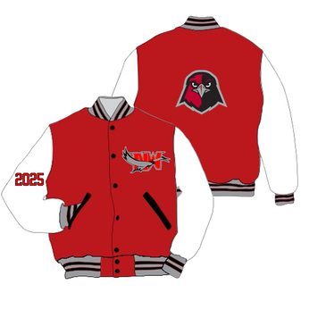 Red and white varsity jacket with hawk logo and '2025' on sleeve.
