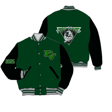 Green and black varsity jacket with "PV" on front and "Palo Verde" panther logo on back.