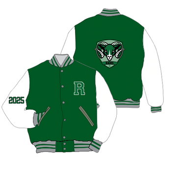 Green and white varsity jacket with ram mascot and class year 2025.