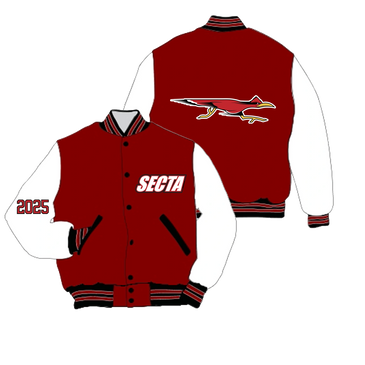 Red and white varsity jacket with SECTA and running bird logo.