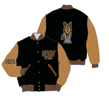 Black and brown varsity jacket with wolf logo and 'SW CTA 2025' lettering.