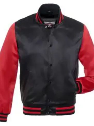 Black and red varsity jacket with striped cuffs and collar.