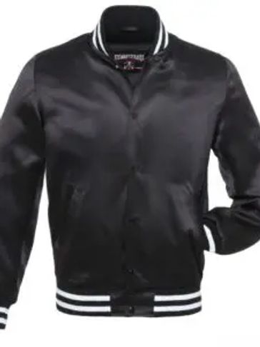 Black satin varsity jacket with white striped cuffs and collar.