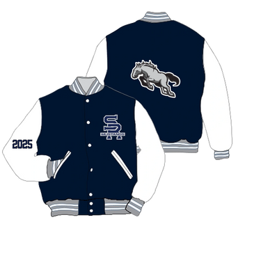 Navy and white varsity jacket with Mustangs logo and '2025' on sleeve.