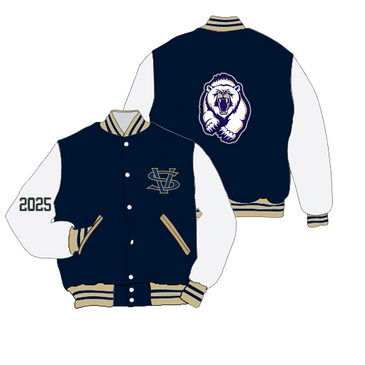 Navy varsity jacket with white sleeves, gold accents, and a roaring bear logo on the back.