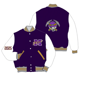 Purple and white varsity jacket with Miners logo and 2025 on sleeve.