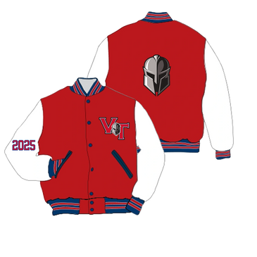 Red varsity jacket with white sleeves, VT logo, helmet emblem, and '2025' on sleeve.