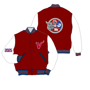 Red varsity jacket with white sleeves and school logos, featuring the year 2025.
