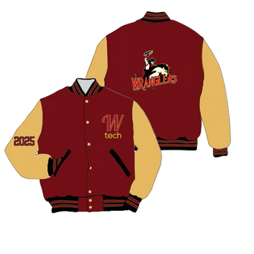 Maroon and tan varsity jacket with Wranglers logo and 2025 on sleeve.