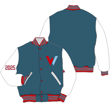 Blue varsity jacket with white sleeves, red details, and a '2025' patch on the arm.