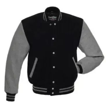 Black and gray varsity jacket with button closure and striped cuffs.