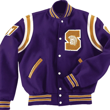 Purple and gold varsity jacket with a letter S and a Trojan head emblem.