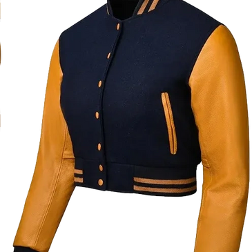 Cropped varsity jacket with navy body and mustard leather sleeves.