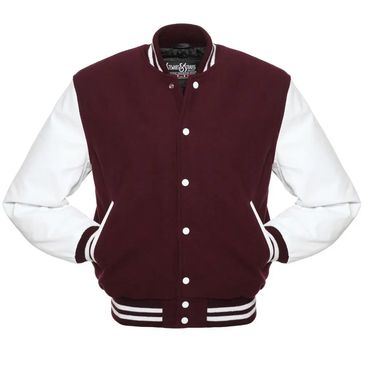 Maroon varsity jacket with white leather sleeves and striped ribbed cuffs.