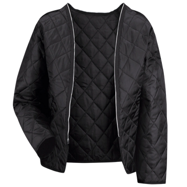 Black quilted jacket with a front zipper, open to reveal the interior.