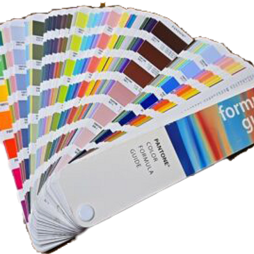 A fan of Pantone color swatches showing various shades and hues.
