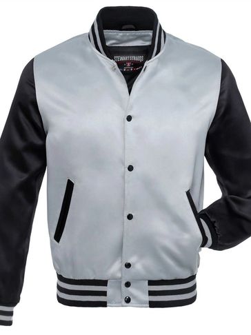 Black and white varsity jacket with striped cuffs and collar.