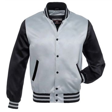 Black and white varsity jacket with striped cuffs and collar.