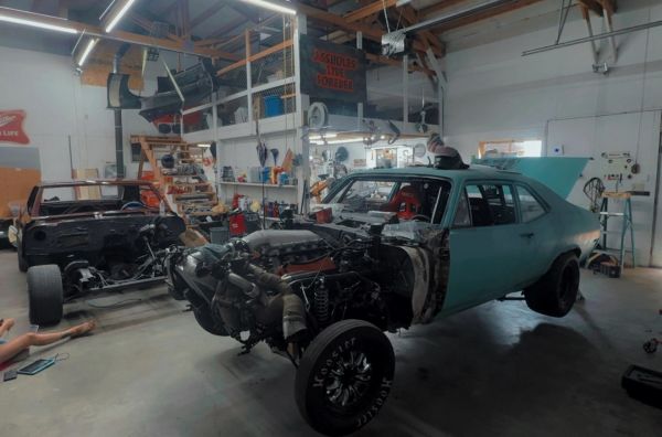 Car restoration project in a garage.
